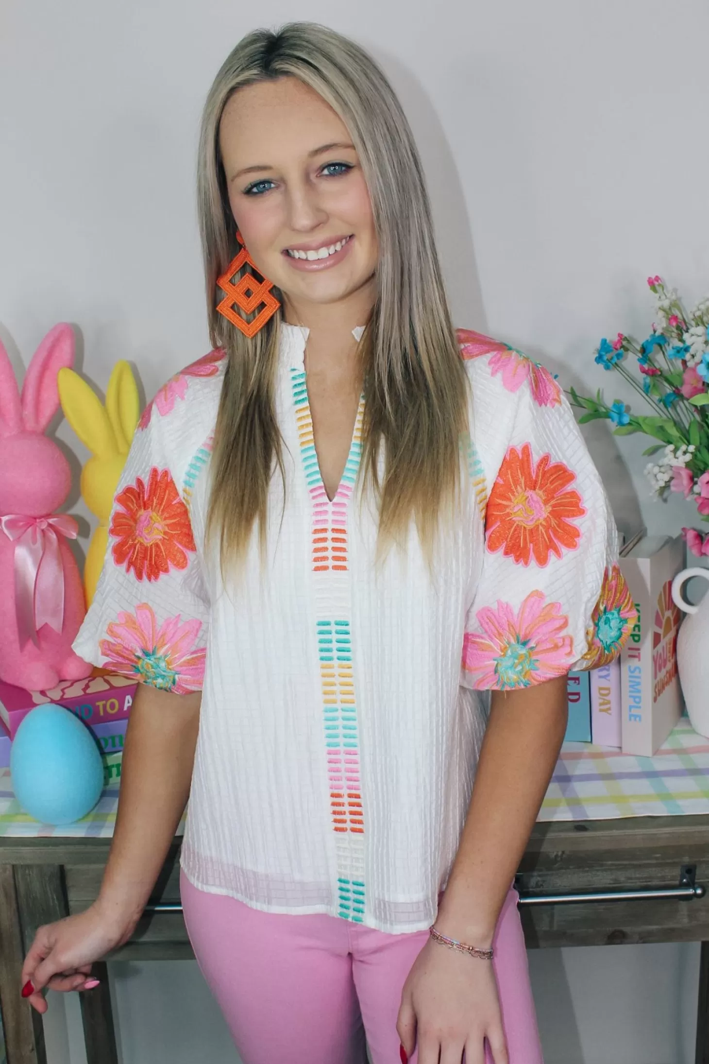 Allie Lynn's Boutique Printed Tops<Floral Embroidered Puff Sleeve Top
