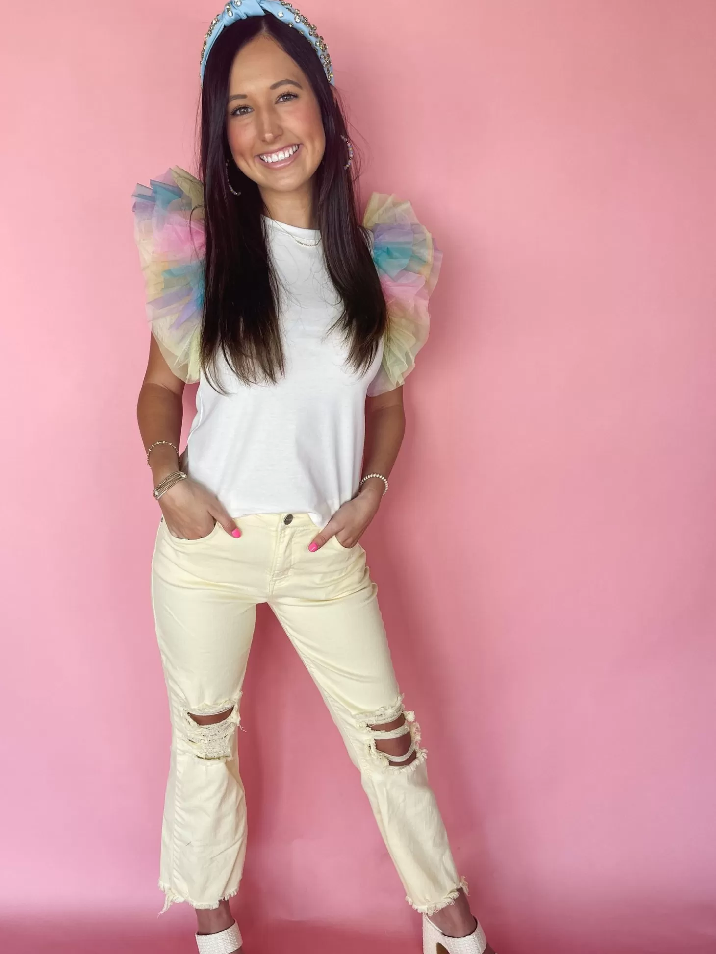 Allie Lynn's Boutique Solid Tops<Multi Tulle Sleeve Top