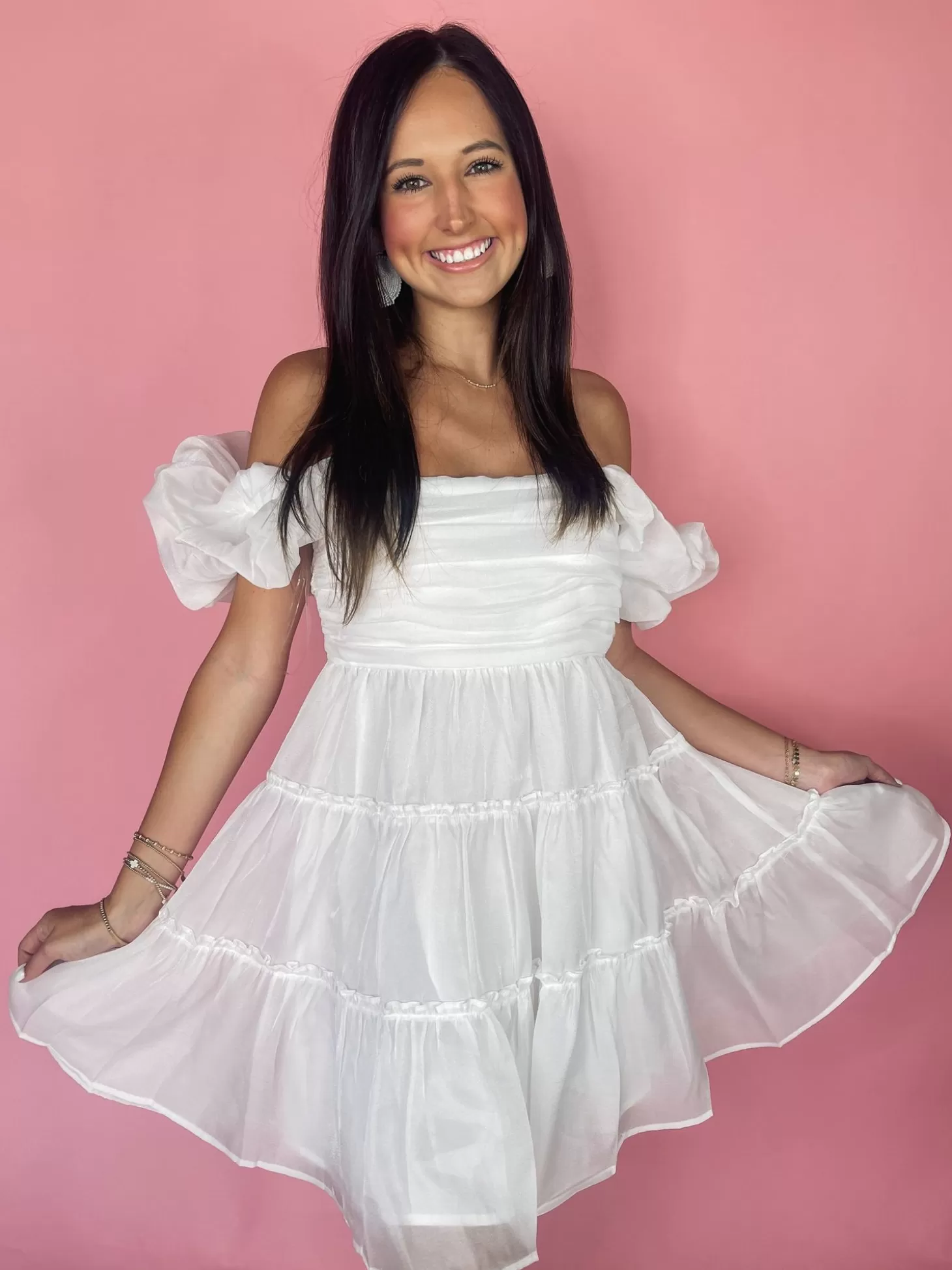 Allie Lynn's Boutique Solid Dresses<Off White Babydoll Shirring Mini Dress